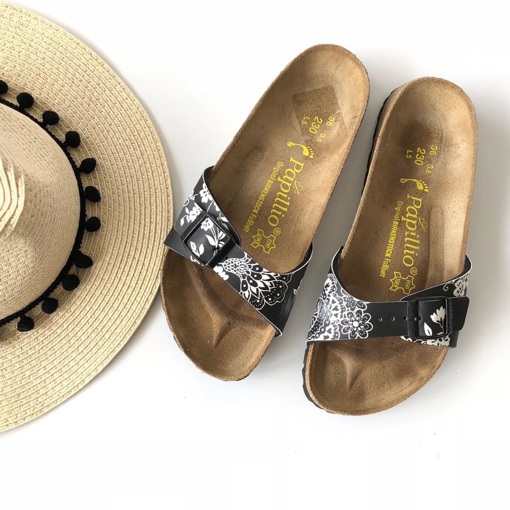 Papillio Birkenstock Black White Floral Sandals